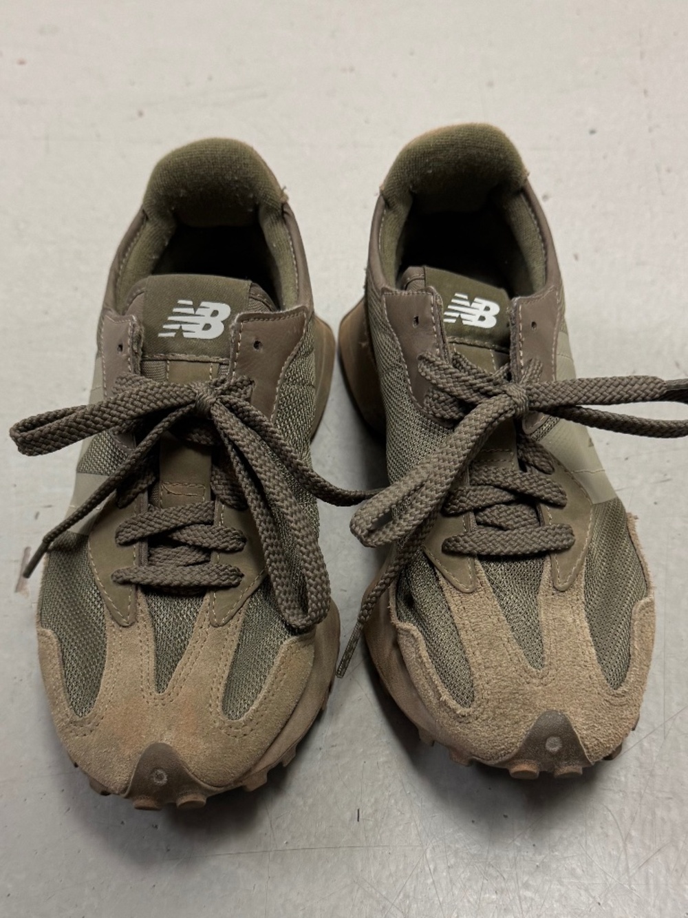 New Balance 327 — Dark Olivine / Khaki Earth, Size 7